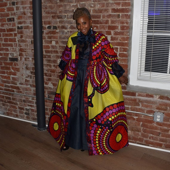 Harusi Kimono, Neon Yellow Navy Purple and Red African Print Kimono, Full Length Robe, African Outfits for Women