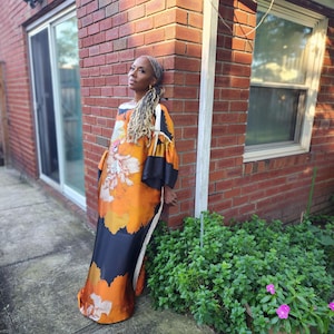 Sequin Kaftan Dress: Black, Gold, Orange Floral, One Size