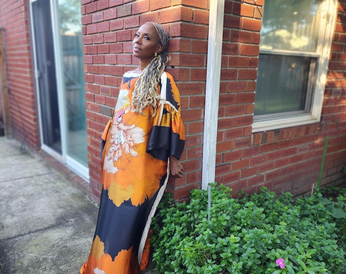 Featured listing image: Sequin Kaftan Dress: Black, Gold, Orange Floral, One Size