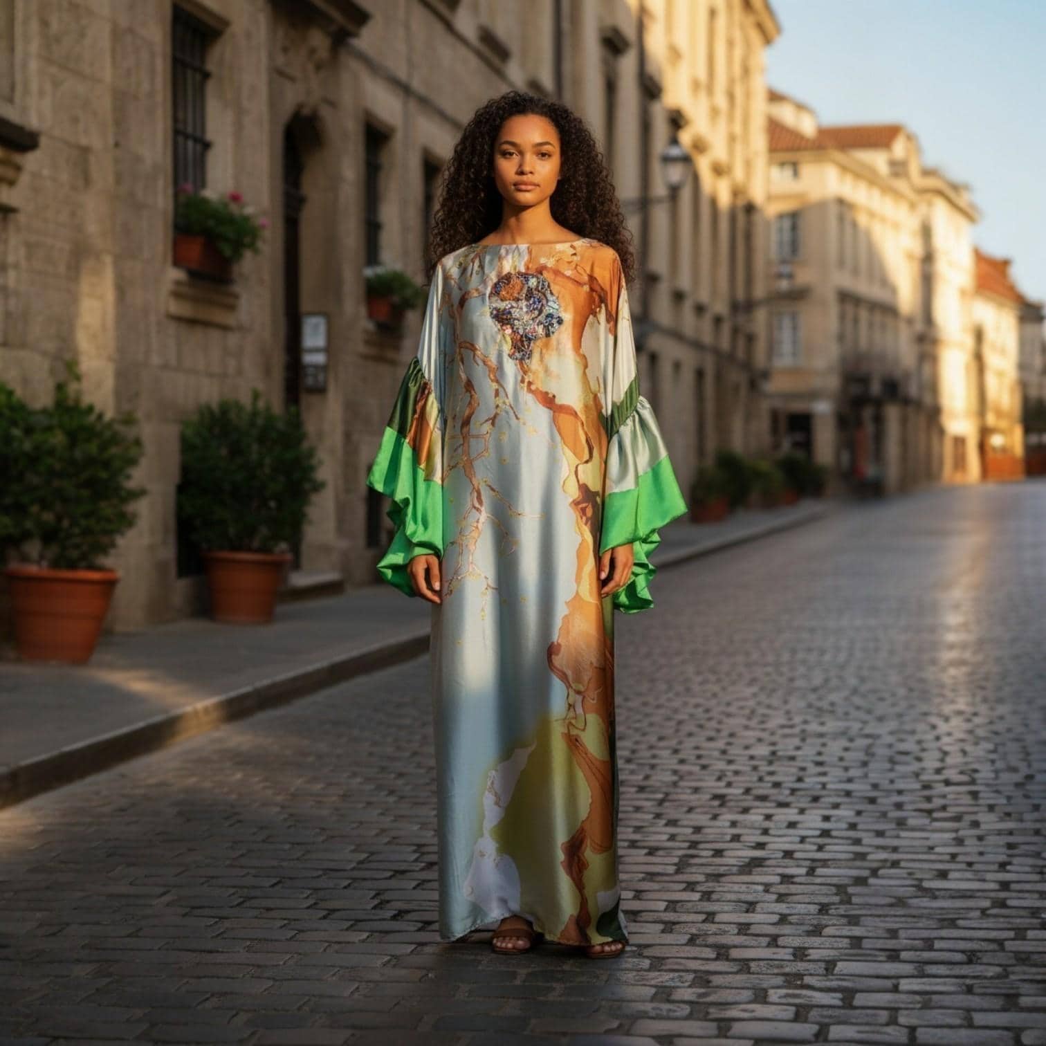 Sequin Kaftan Dress: Green, Gold, Orange Floral, One Size