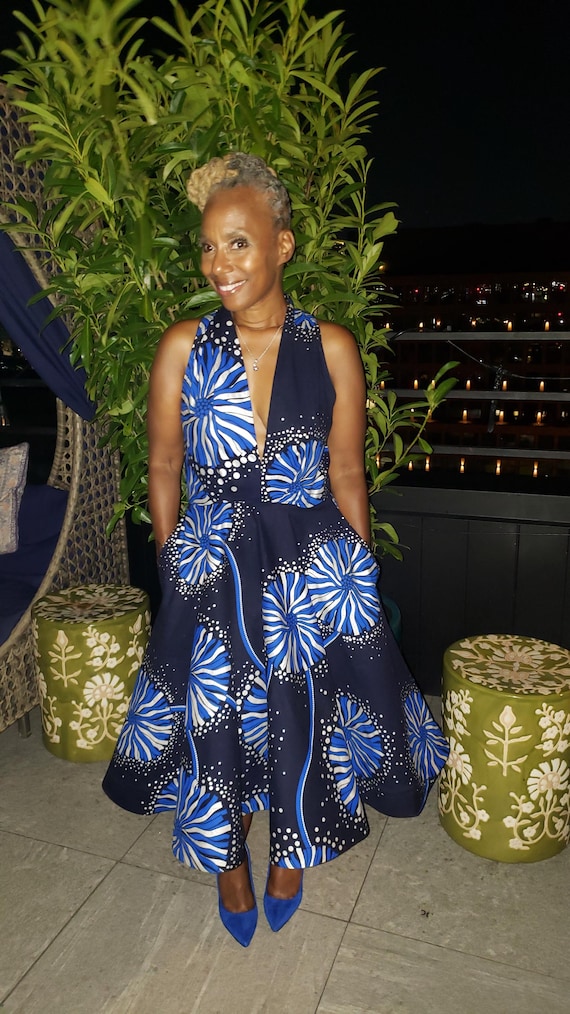 Mavazi Floral Glitter African Wax  Halter Dress, Modest Church Dress, Blue Glitter Floral Print Midi Dress, Mother of the Bride Dress