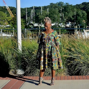African Print Dress: Bohemian Ankara Short Sleeve V-Neck Swing Dress