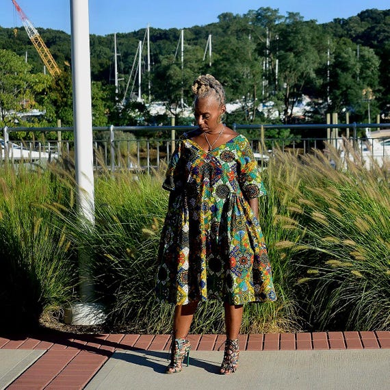 Rangi African Print Dress, Vibrant Short Sleeve Bohemian Ankara Dress, Colorful Dress, Modest Church Dress
