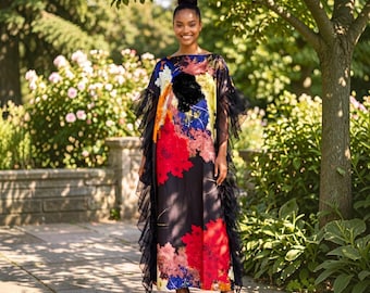 Sequin Kaftan Dress: Black, Red, Royal Ruffled   One Size Kaftan