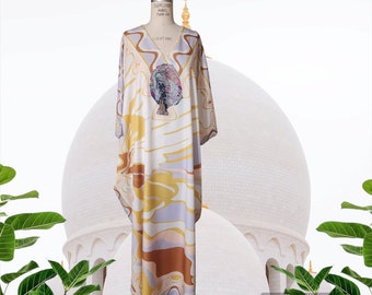 LiiLiiGiirl Kaftan Dress,  Lavender and White Kaftan dress with Sequin Afro-girl face