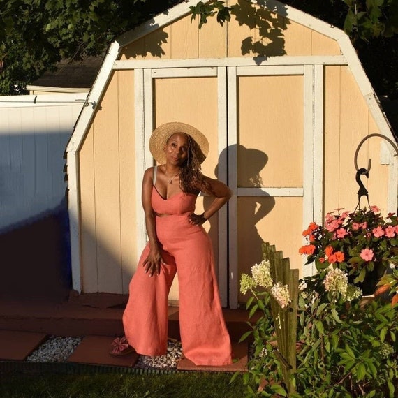 KIKE Bralette and Wide Leg Pants Set, Stylish Coral Linen Bralette and Wide Leg Pants Set - High Waist Crop Top and Pants