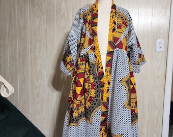Harusi Midi African Print Kimono, Short Sleeve Below Knee Kimono,   Plus Size Kimono, Short Cotton Kimono, White, Yellow And Aqua Kimono