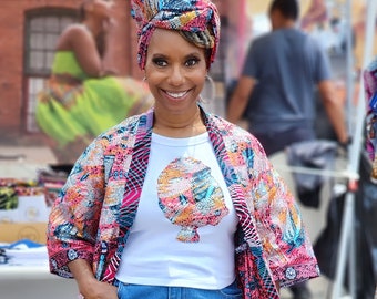 Sequin African Wax Print Head Wrap: Embroidered Cotton Scarf