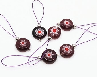 Purple millefiore flower bead flexible/snag-free knitting stitch markers, set of 6.