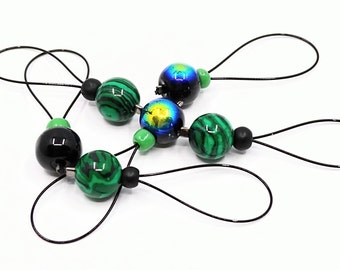 Black/green flexible/snag-free stone and glass bead knitting stitch markers, set of 6.