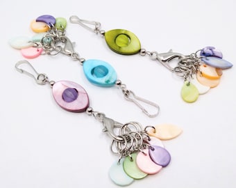 Purple/Aqua/Green shell bead stitch marker holder featuring 6 pastel shell bead stitch markers