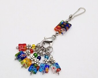 Multicoloured millefiore glass beaded bag charm with coordinating millefiore glass bead stitch markers