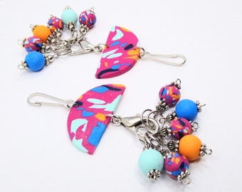 Multicolour polymer clay bag charm/keychain with 6 removable knitting stitch markers