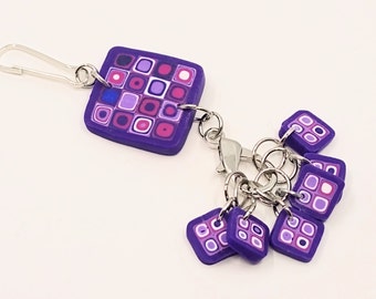 Ltd. Edition Art purple polymer clay bag charm/keychain with 6 removable knitting stitch markers