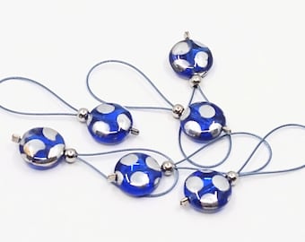 Blue/silver flexible/snag-free Czech glass bead knitting stitch markers, set of 6.