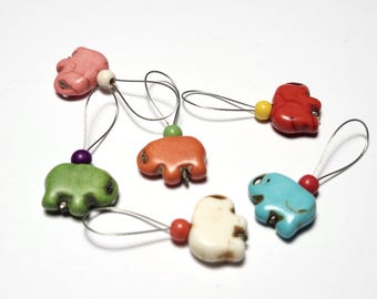 Multicoloured stone elephant flexible/snag-free knitting stitch markers, set of 6.