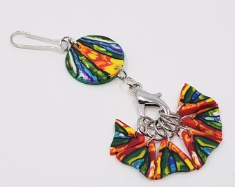 Ltd. Edition Art multicoloured polymer clay bag charm/keychain with 6 removable knitting stitch markers