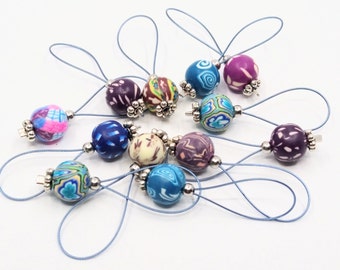Purple mix flexible/snag-free polymer clay bead knitting stitch markers, set of 6.
