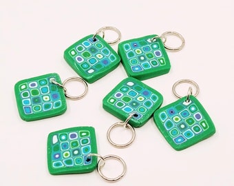 Ltd. Edition Art blue/green square polymer clay bead knitting stitch markers, set of 6.