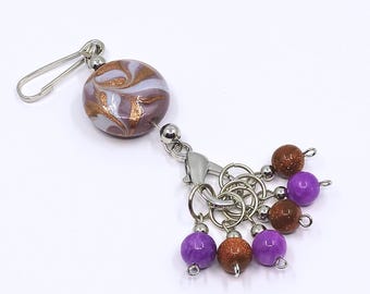 Lilac/gold glitter bead stitch marker holder with 6 removable coordinating knitting stitch markers