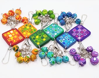Ltd. Edition Art rainbow polymer clay stitch marker holder with 6 removable complementary knitting stitch markers