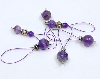 Amethyst flexible/snag-free semi precious bead knitting stitch markers, set of 6.