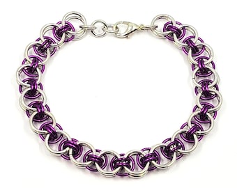 Magenta/silver Helms Weave chainmaille bracelet. Aluminium and lightweight.