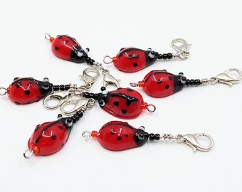 Lampwork lady bug bead knitting progress keeper/stitch marker