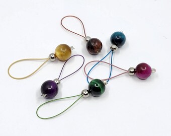 Multicoloured flexible/snag-free round tiger-eye semi precious bead knitting stitch markers, set of 6.