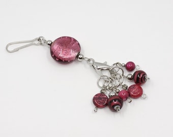 Pink foil lampwork glass bead stitch marker holder featuring 6 pink glass and semi-precious stone bead stitch markers