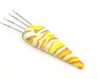 4-HOOK (S) swirl pattern Cord-i-Flix, i-cord maker, in cream/yellow/orange polymer clay with 4 small hooks, for yarn weight sock to DK.