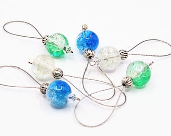 Green/blue flexible/snag-free round crackle glass bead knitting stitch markers, set of 6.