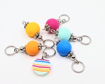 Multicoloured polymer clay bead knitting stitch markers, set of 6.