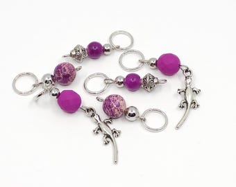 Purple Gecko themed glass and semi-precious stone bead knitting stitch markers, set of 6.