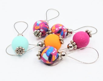 Multicoloured flexible/snag-free polymer clay bead knitting stitch markers, set of 6.