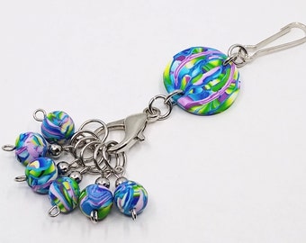 Limited Edition Art polymer clay bag charm/keychain with 6 removable knitting stitch markers