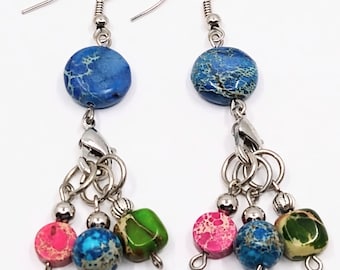 Blue Imperial Jasper earrings with 6 removable multicoloured Imperial Jasper knitting stitch markers