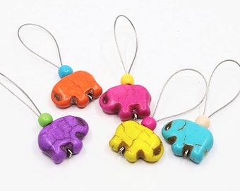 Multicoloured stone elephant flexible/snag-free knitting stitch markers, set of 5.