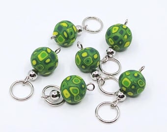 Ltd. Edition Art green spherical polymer clay bead knitting stitch markers, set of 6.