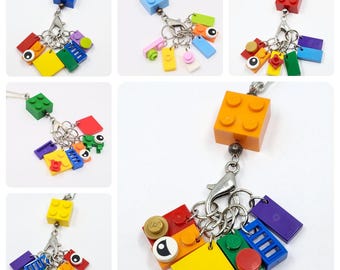 LEGO brick stitch marker holder with 6 removable multicoloured, LEGO piece knitting stitch markers