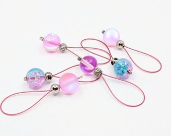 Pink flexible/snag-free round glass bead knitting stitch markers, set of 6.