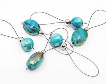 Teal flexible/snag-free shell and glass bead knitting stitch markers, set of 6.