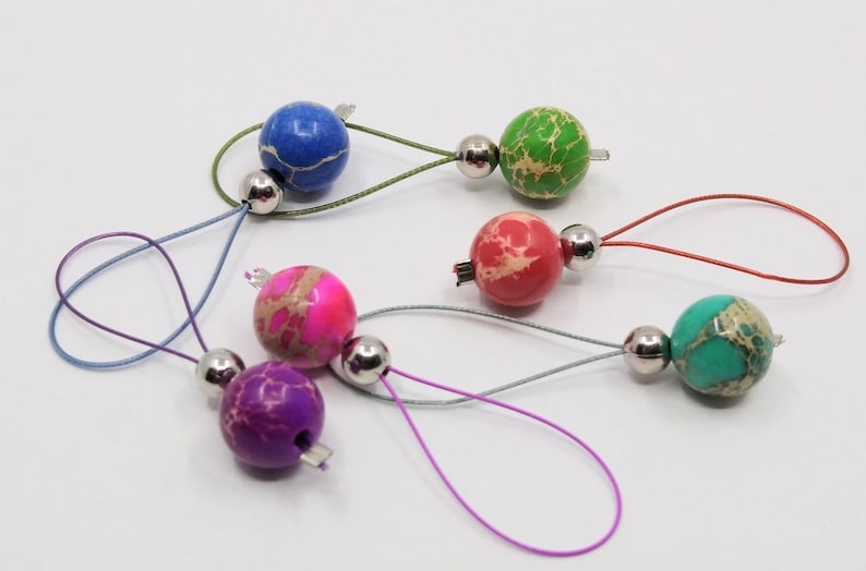 Imperial Jasper stone bead flexible/snag-free knitting stitch markers, set of 6. image 1