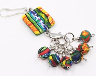 Ltd. Edition Art multicoloured polymer clay stitch marker holder with 6 removable knitting stitch markers