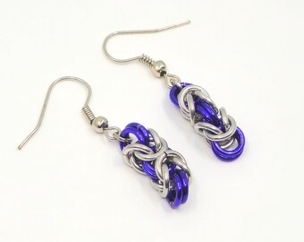 Purple/silver Byzantine Weave chainmaille earrings. Aluminium and lightweight.