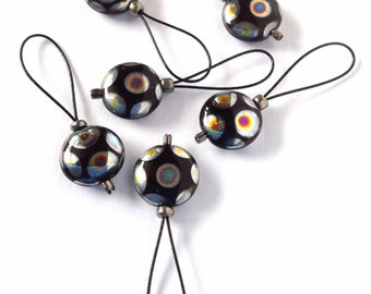 Black/silver flexible/snag-free Czech glass bead knitting stitch markers, set of 6.