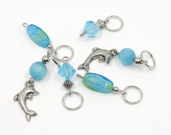 Blue dolphin themed glass bead knitting stitch markers, set of 6.