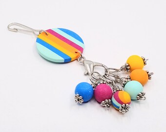 Multicolour polymer clay stitch marker holder with 6 removable knitting stitch markers