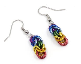 Rainbow Byzantine Weave chainmaille earrings. Aluminium and lightweight.