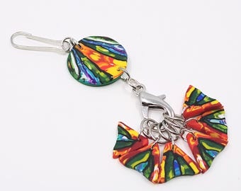 Ltd. Edition Art multicoloured polymer clay stitch marker holder with 6 removable knitting stitch markers